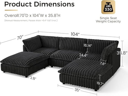 KKL Modular Sectional Couch for Living Room, U Shaped Corduroy Couches with 2 Ottomans, 5 Seater Oversized Sofa Convertible to L Shaped, Soft Fabric Modern Sofa, Black