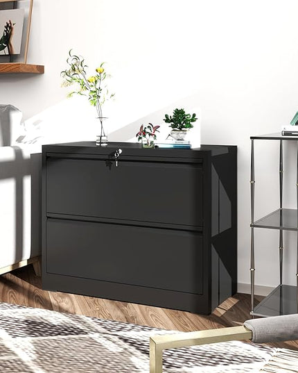 File Cabinets 2 Drawer,Metal Office Storage Filing Cabinet with Lock,Black Lateral Filing Cabinet for Home Office,Horizontal 2-Drawer File Cabinets for Legal/Letter/A4,Assembly Require,Black