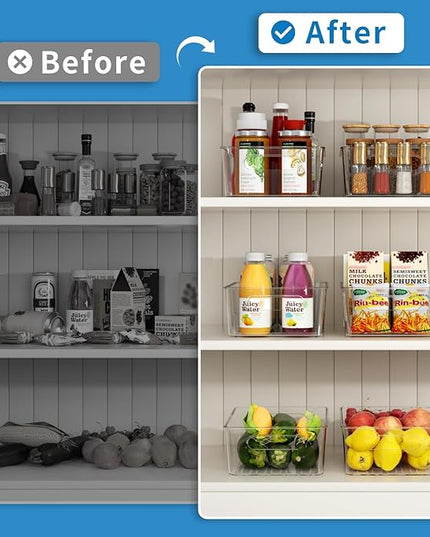 Pantry Organizers and Storage, 4 Pack Snack Organizer for Pantry Shelf,Food Storage Bins with Divider,Clear Containers for Organizing,Transparent Plastic Basket,Refrigerator and Fridge Bins