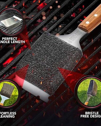 BBQ-AID Bristle Free Grill Brush and Scraper for Barbecue - Extended Large Wooden Handle with Replaceable Head - No Scratch BBQ Cleaning Accessories for Outdoor Grills