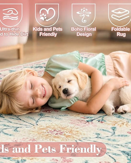 Wonnitar Pink Floral Round Rugs 5ft, Soft Circle Rug Non Slip Washable Round Carpet, Boho Non-Shedding Flower Distressed Circle Carpets for Bedroom Girls Room Nursery