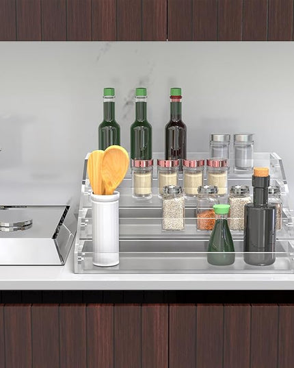 PMMASTO Widen Tiered Spice Rack, Seasoning Organizer, Clear Acrylic Vertical Shelves Can Organizer for Countertop, Cabinet, Pantry, Kitchen Organization and Storage - 4 Tier