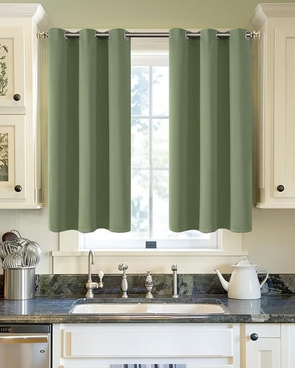 YoungsTex Olive Green Blackout Curtains 40 Inch Length for Kitchen Window - Short Thermal Insulated Drapes with Grommet Room Darkening for Bedroom Bathroom, 2 Panels, 42 x 40 Inch