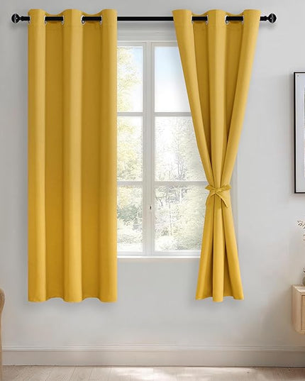 JIUZHEN Blackout Curtains with Tiebacks - Thermal Insulated, Light Blocking and Noise Reducing Grommet Curtain Drapes for Bedroom and Living Room, Set of 2 Panels, Yellow, 42 x 63 Inch Length
