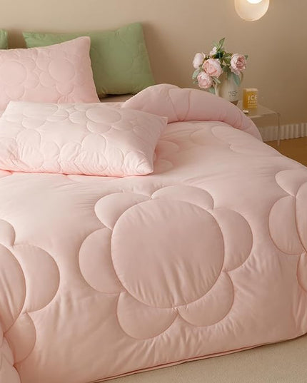 CLOTHKNOW Pink Queen Comforter Set 3Pcs Daisy Puff Bedding Comforter Sets Soft Floral Queen Comforter Pink Comforter with 2 x Pillow Cases