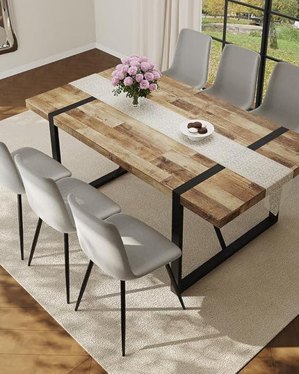 7 Piece Dining Table Set for 6, 71" Wood Kitchen Table Set with 6 Fabric Chairs, Modern Rectangular Dining Room Table and Chairs Set for Home, Kitchen, or Living Room