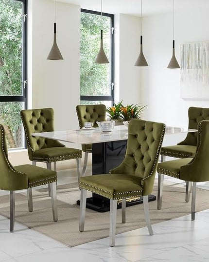 SoarFlash Velvet Dining Chairs Set of 6, Tall Back Side Chair, Modern Upholstered Side Chair with Button Back Ring, Silver Plated Stainless Steel Legs (Olive Green)