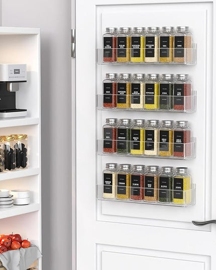PMMASTO Adhesive Acrylic Spice Rack Organizer with 12 Empty Square Spice Jars, 238 Spice Labels with Chalk Marker and Funnel Complete Set for Kitchen Cabinet/Pantry Door (Clear - 2 Pack)