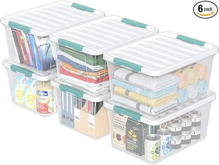 6 Packs 35 L Clear Plastic Latching Bins with Lids, Large Storage Tote Boxes