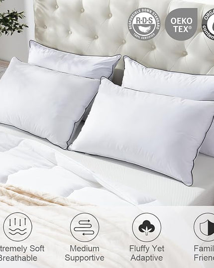 APSMILE Medium Firm Feathers Down/Poly Pillow Queen Size Set of 2, Luxury Feather Pillow for Sleeping, 100% Organic Cotton Cover Hotel Bed Pillow, Wrapped in Polyester (White, 20"x30")