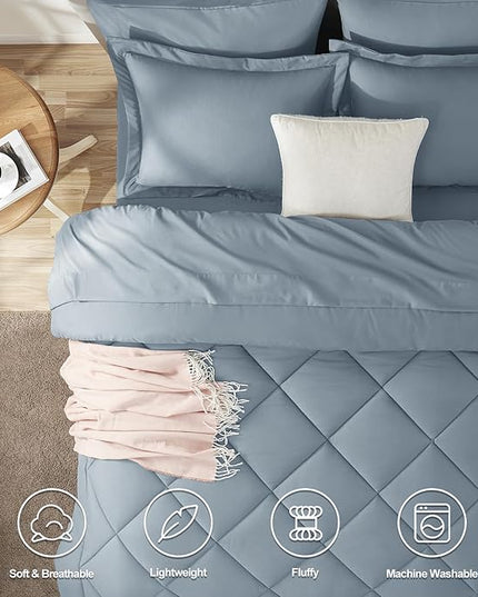 CozyLux Full Size Comforter Sets Dusty Blue - 7 Pieces Bed in a Bag Full, Luxury Soft Bed Set for All Seasons, Bedding Set with Down Alternative Comforter, Sheets, Pillowcases & Shams, Grayish Blue