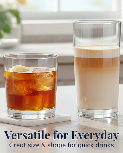 US Acrylic Classic Clear Plastic Reusable Drinking Glasses (Set of 8) 12oz Rocks & 16oz Water Cups | BPA-Free Tumblers, Made in USA | Top-Rack Dishwasher Safe