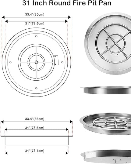 Stanbroil 31 Inch Drop-in Round Gas Fire Pit Kit with Spark Ignition Kit, 304 Stainless Steel Gas Firepit Burner Insert for DIY Fire Pit Table, Max 296,000 BTU - Natural Gas Version