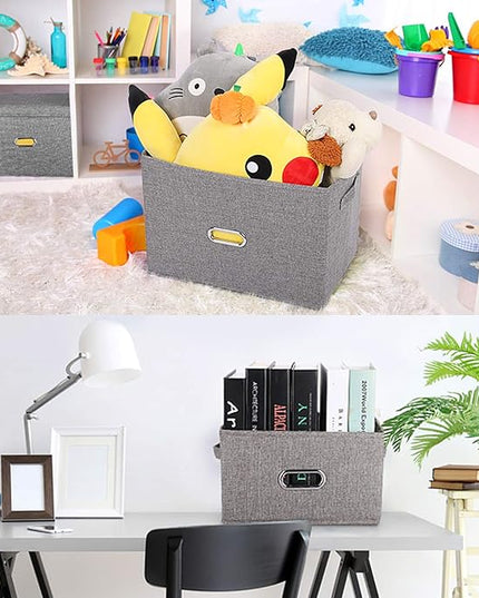 Linen Fabric Collapsible Storage Bins with Removable Lids and Handles, Washable Storage Box Containers Baskets Cube with Cover for Bedroom,Closet,Office,Living Room,Nursery (Khaki, Medium)
