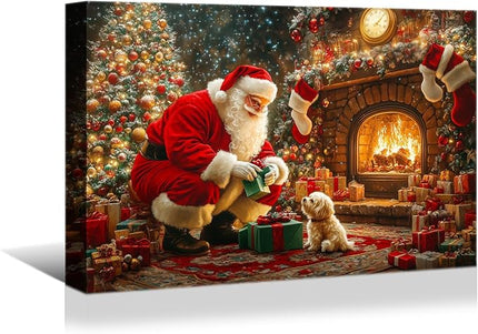 YONICA Christmas Wall Decor Santa Canvas Wall Art Home Decorations 18x12 Inches - Santa Pictures Christmas Pine Tree Pet Dog Prints Winter Painting Xmas Artworks for Living Room Bedroom
