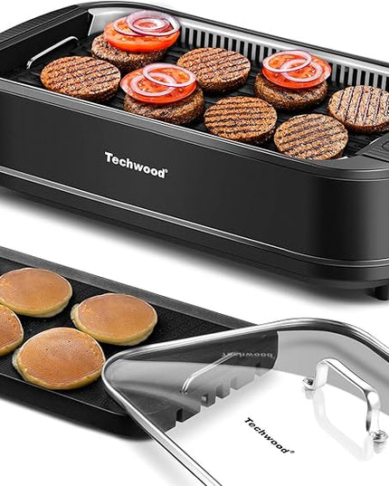 Indoor Smokeless Grill, Techwood 1500W Electric Indoor Grill with Tempered Glass Lid, Portable Non-stick BBQ Korean, Turbo Smoke Extractor Technology, Drip Tray& Double Removable Plate, Black