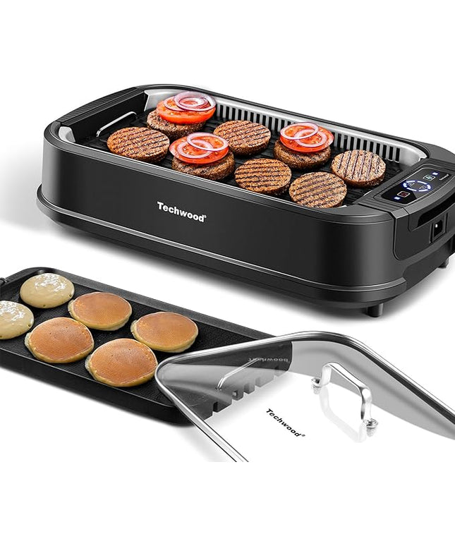 Indoor Smokeless Grill, Techwood 1500W Electric Indoor Grill with Tempered Glass Lid, Portable Non-stick BBQ Korean, Turbo Smoke Extractor Technology, Drip Tray& Double Removable Plate, Black