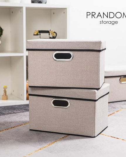 PRANDOM Foldable Storage Bin with Lid [3-Pack] Linen Fabric Decorative Storage Box Organizer Container Basket Cube with Handles Divider for Closet Office Living Room Light Grey(14.9x9.8x9.8)