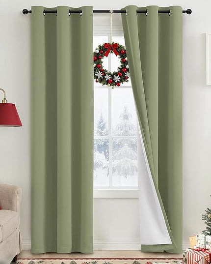 Yakamok 100% Blackout Curtains for Living Room, Thermal Insulated Blackout Curtains 84 inch Length Heat and Full Light Blocking Curtains Window Drapes for Bedroom with White Backing, Sage, W40 x L84