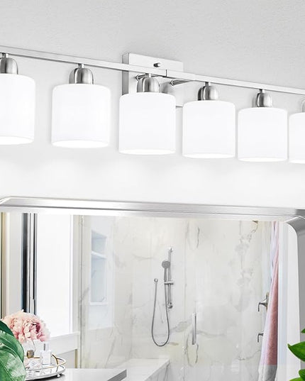 Brushed Nickel Vanity Light for Large Mirror, 6 Light Bathroom Lighting Fixtures Over Mirror with Milky White Frosted Glass Shades, 38 inch Bathroom Light for Mirrors, E26 Socket