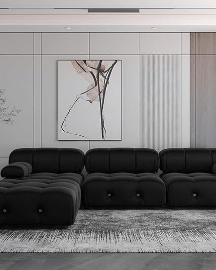 JACH 104'' Modern Sectional Sofa, L-Shaped Minimalist Velvet Floor Sofas Couches, Couch Sectional with Reversible Chaise Ottoman for Living Room Office Apartment (3 Seats,1 Ottoman, Black)