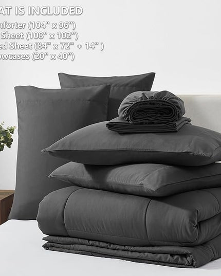 CozyLux California King Comforter Sets Dark Grey, 7 Pieces Cal King Bed in a Bag, All Season Bedding Sets with Stitch Quilted Comforter, Flat Sheet, Fitted Sheet, Pillowcases