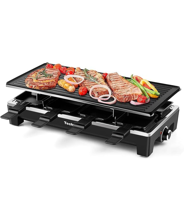 Raclette Grill, Techwood Electric Table Indoor Grill Korean BBQ Grill, Removable 2-in-1 Non-Stick Grill Plate, 1500W Fast Heating with 8 Cheese Melt Pans, Ideal for Parties and Family Fun