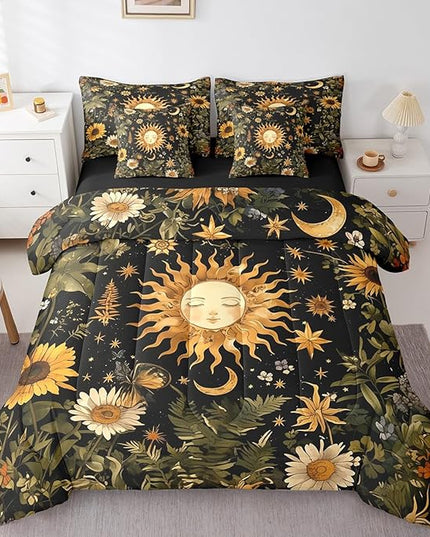 Feelyou 7Pcs Sun and Moon Comforter Sets King Size, Butterfly Moth Flower Rustic Garden Comforter Set Bed in a Bag(1 Comforter, 1 Flat Sheet 1 Fitted Sheet 2 Pillowcases and 2 Throw Pillow Covers)