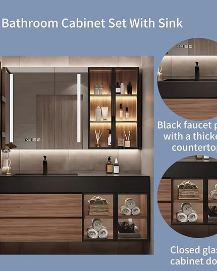 44IN Bathroom Vanity with Sink - Wooden Bathroom Cabinet with Transparent Glass Doors, Mirror Cabinet with Defogging & 2 LED Light Strips | Large - Capacity Storage Area with 2 Drawers (Style B)