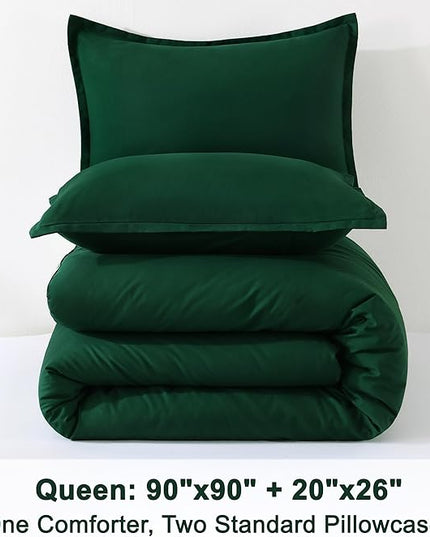 Litanika Dark Emerald Green Queen Comforter Set, 3 Pieces Solid Forest Bedding Set, All Season Fluffy Bed Set (90x90In Comforter & 2 Pillowcases)