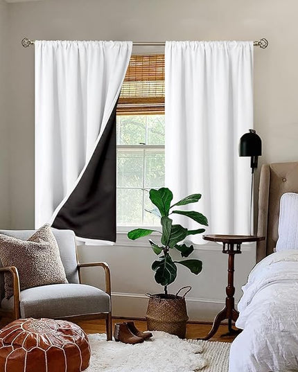 BGment Thermal Insulated 100% Blackout Curtains for Bedroom with Black Liner, Double Layer Full Room Darkening Noise Reducing Rod Pocket Curtain (52 x 45 Inch, Pure White, 2 Panels)