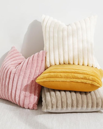 decorUhome Faux Fur Spring Throw Pillow Covers 20x20 Set of 2, Decorative Soft Plush Striped Neutral Couch Euro Pillow Covers with Velvet Back for Sofa, Bed, Living Room Home Decor, Cream White