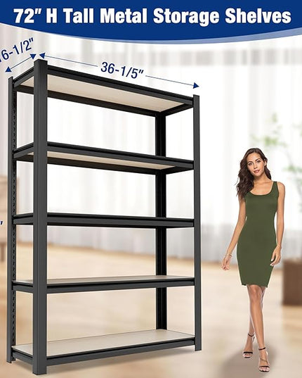WORKPRO House 3000lbs 5-Tier Shelving Unit, 72" H Adjustable Storage Shelves, Boltless Book Shelf, Shelf Organizer for Kitchen, Living Room, Bathroom, Wood Grain Pattern, Waterproof Board, Black
