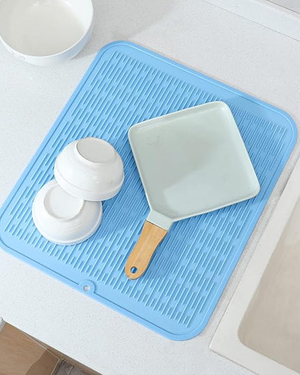 Silicone Dish Drying Mat for Multiple Usage,Easy clean,Eco-friendly,Heat-resistant Silicone Mat for Kitchen Counter or Sink,Refrigerator or Drawer Liner Light Blue 2XL 24 inches x 18 inches