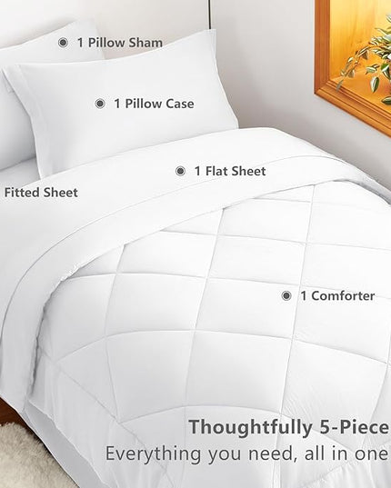 CozyLux Twin Comforter Set with Sheets White - 5 Pieces Bed in a Bag Twin, All Season Bed Set for Girls and Boys, Bedding Set with Down Alternative Comforter, Sheets, Pillowcase & Sham