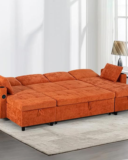 110" Sectional Pull Out Sofa Bed with Adjustable Backrests, U-Shaped Sleeper Sofa with USB Ports, Upholstered Reversible Couch with Cup Holder & Storage Space for Living Room, House, Orange