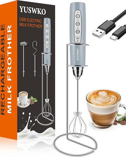 YUSWKO Rechargeable Milk Frother for Coffee, Handheld Drink Mixer with 3 Heads 3 Speeds, Ideal Electric Stirrers for Travel