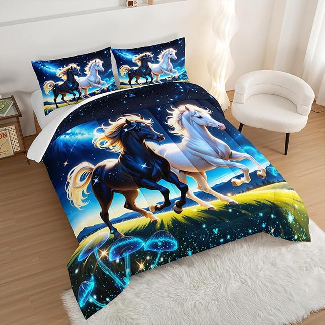 Western Bedding Sets Queen Size,Farmhouse Animal Theme Prairie Galloping Horse Comforter Set for Kids Girls Boys Room Decor,Dreamy Starry Sky Background Bedding Set with 2 Pillowcases.