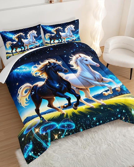 Western Bedding Sets Full Size,Farmhouse Animal Theme Prairie Galloping Horse Comforter Set for Kids Girls Boys Room Decor,Dreamy Starry Sky Background Bedding Set with 2 Pillowcases.