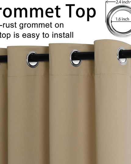 JIUZHEN Blackout Curtains with Tiebacks - Thermal Insulated, Light Blocking and Noise Reducing Grommet Curtains for Bedroom and Living Room, Set of 2 Window Curtain Panels, 52 x 63 Inch Length，Camel