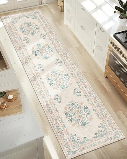jinchan Hallway Runner Rug 2x10 Vintage Floral Distressed Design - Machine Washable Non-Slip Low-Pile Soft Thin Faux Wool Kitchen Carpet for Farmhouse Bedroom Laundry Room(2x10ft, Apricot Multi)