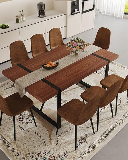 FURNITO Walnut Dining Table Set for 8, 71" Large Kitchen & Dining Room Table with 8 Suede Upholstered Chairs, Modern Rectangular Dining Room Table and Chairs Set for Home, Kitchen, or Living Room