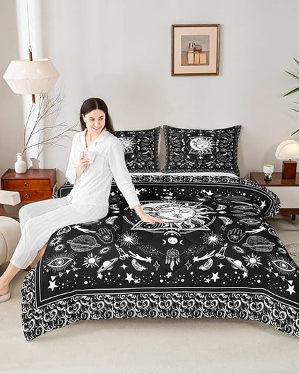 Sun and Moon Kids Comforter Set Twin Size,Starry Sky Galaxy Planets Trippy Bedding Set,Boys Girls Adults Room Decor,Paisley Boho Exotic Down Comforter,Black White Chic Duvet Insert,1 Pillowcase
