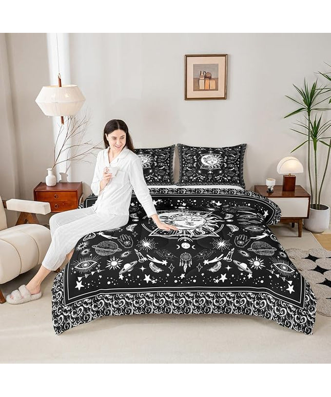 Sun and Moon Kids Comforter Set King Size,Starry Sky Galaxy Planets Trippy Bedding Set,Boys Girls Adults Room Decor,Paisley Boho Exotic Down Comforter,Black White Chic Duvet Insert,2 Pillowcases