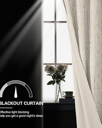 BUHUA Blackout Curtains 72 Inches Length, Thermal Curtain for Bedroom 2 Panels Set, Room Darkening Curtains with Gold Shinny Branches Tree Patern, 52W×72L Natural