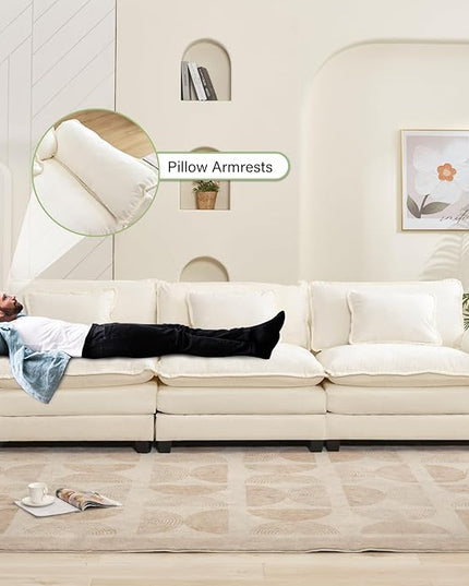 120" Modular Sectional Sofa, Comfy Cloud Couch Sectional Sofa, Chenille Sofa Sleeper Deep Seat Sofa with Throw Pillows for Living Room (Beige White, 120"- 3 Seater)