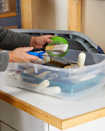 Rubbermaid Roughneck Clear 31 Qt/ 7.75 Gal Storage Containers, Pack of 6 with Snap-Fit Grey Lids, Visible Base, Sturdy and Stackable, Great for Storage and Organization