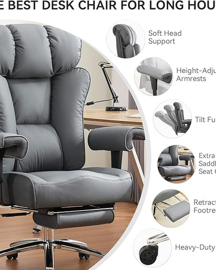 Efomao Big and Tall Office Chair 450LBS with Foot Rest, High Back PU Leather Executive Chair with Adjustable Padded Armrests, Lumbar Support for Home or Work, Heavy Duty Computer Chair, Grey