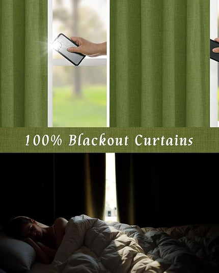 LAMIT 100% Blackout Linen Curtains, 68 Inches Linen Textured Thermal Bedroom Drapes Back Tab and Rod Pocket Christmas Panels with White Liner for Living Room, 2 Panels, 52 x 68 Inch, Olive Green