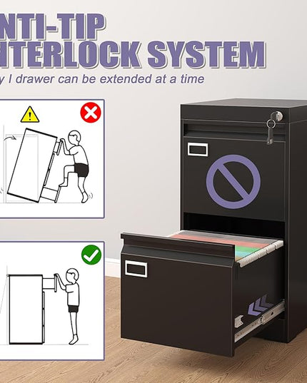 2 Drawer Metal File Cabinet with Lock, Black Locked Filing Cabinets, Vertical Small File Cabinet with Key, Under Desk Filing Cabinets for Home Office